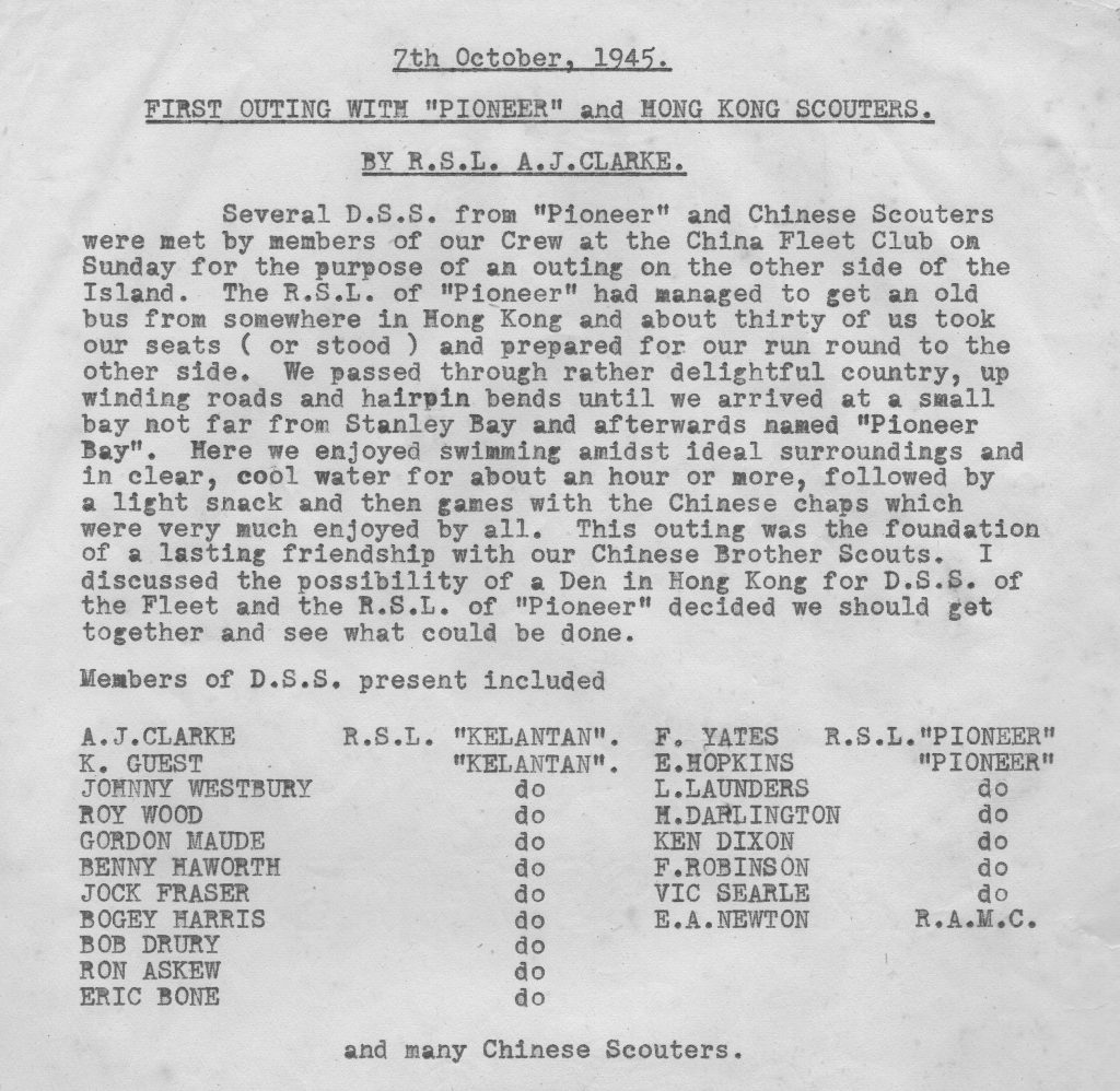 Photo of a typewritten diary page listing deep sea scouts meeting on 7 October 1945